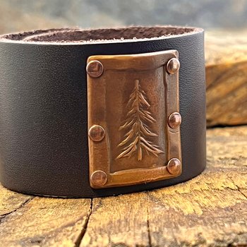 Pine Tree Evergreen, Copper & Leather Cuff Bracelet, Tree of Life, Hand Carved, Brown Leather Adjustable Cuff, Size 6.75-8, Earthy Rustic