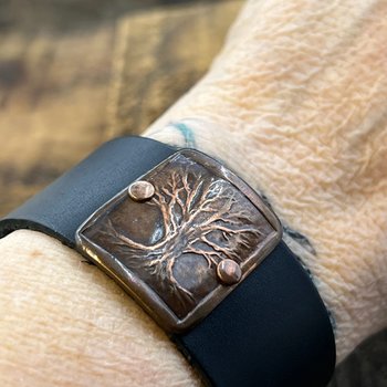 Tree of Life, Copper & Leather Cuff Bracelet, Unisex Jewelry, Hand Carved, Black Leather Adjustable Cuff, Size 6.75-8, Earthy Rustic Jewelry