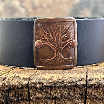 Tree of Life, Copper & Leather Cuff Bracelet, Unisex Jewelry, Hand Carved, Black Leather Adjustable Cuff, Size 6.75-8, Earthy Rustic Jewelry