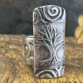 Silver Tree Ring, Sterling Silver 960, Tree of Life, Irish Celtic Spirals, Shied Ring, Statement Jewelry, Druid Pagan, Earthy Rustic Jewelry