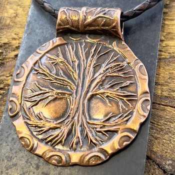 Tree of Life, Copper Tree Necklace, Irish Celtic Jewelry, Round Tree Pendant, Earthy Rustic Jewelry, Hand Carved, Leather & Vegan Cords, Art