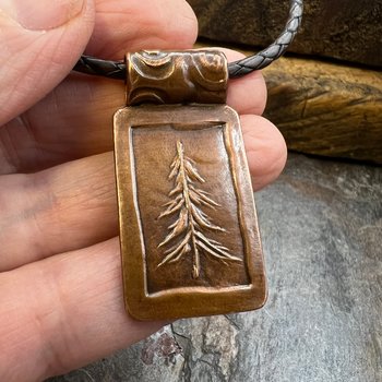 Pine Tree Pendant, Copper Tree Necklace, Evergreen Coniferous Trees, Earthy Rustic Art Jewelry, Hand Carved, Tree of Life, One Tree, Spirals