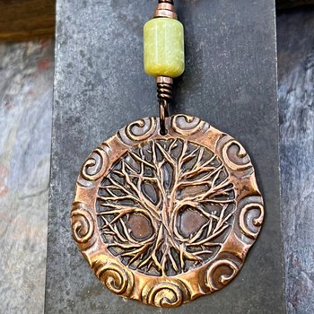 Celtic Tree of Life, Copper Pendant, Connemara Marble, Irish Celtic Spirals, Round Tree of Life, Crann Bethadh, Earthy Organic, Art Jewelry