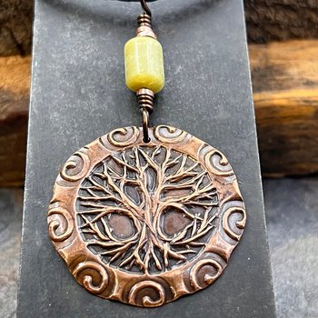 Celtic Tree of Life, Copper Pendant, Connemara Marble, Irish Celtic Spirals, Round Tree of Life, Crann Bethadh, Earthy Organic, Art Jewelry