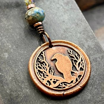 Raven Tree Pendant, Copper Crow Charm, Blackbirds Corvids, Celtic Witch Necklace, Czech Glass Beads, Wax Seal Charm, Spirals, Earthy Rustic