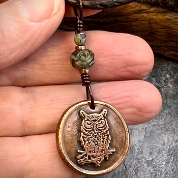 Copper Owl Charm, Wise Owl Necklace, Wax Seal Jewelry, Pagan Witch Pendant, Handmade Art Jewelry, Leather & Vegan Cords, Bird Lover Gift