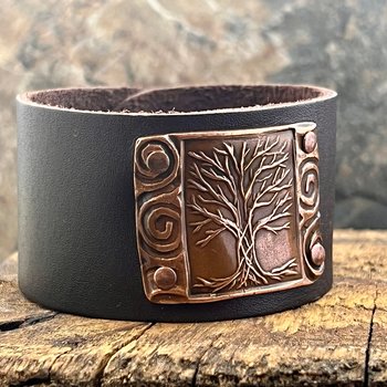 Tree of Life, Copper & Leather Cuff Bracelet, Unisex Jewelry, Hand Carved, Brown Leather Adjustable Cuff, Size 6.75-8, Earthy Rustic Jewelry