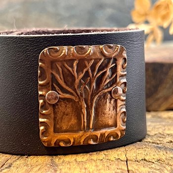 Tree of Life, Copper & Leather Cuff Bracelet, Unisex Jewelry, Hand Carved, Brown Leather Adjustable Cuff, Size 6.75-8, Earthy Rustic Jewelry