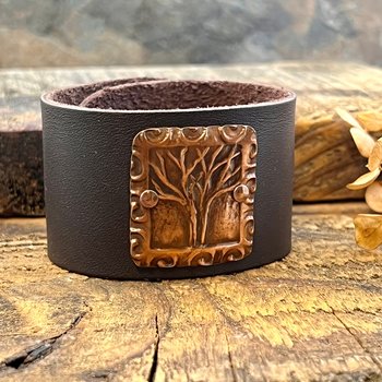 Tree of Life, Copper & Leather Cuff Bracelet, Unisex Jewelry, Hand Carved, Brown Leather Adjustable Cuff, Size 6.75-8, Earthy Rustic Jewelry