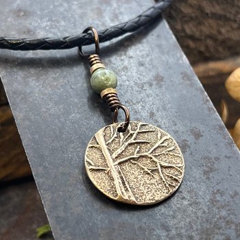 Celtic Tree of Life Charm, Bronze Pendant, Connemara Marble, Irish Celtic Jewelry, Hand Carved Art, Crann Bethadh, Leather & Vegan Cords
