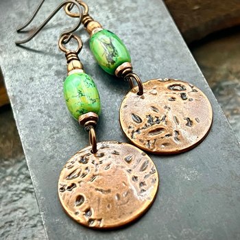 Copper Disc Earrings, Turquoise Beads, Hypoallergenic Ear Wires, Earthy Tribal, Boho Chic Style, Dangle Discs, Handmade Metal Jewelry