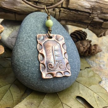 Alder Tree Ogham Charm, Copper Pendant, Connemara Marble, Celtic Tree Astrology, Irish Gaelic, Hand Carved, Birth Sign, March 18 – April 14