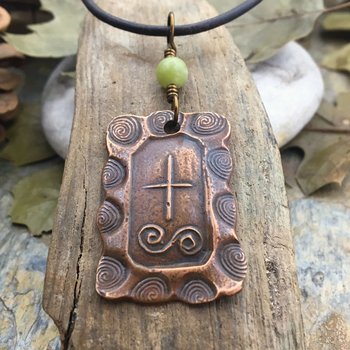 Fir Tree Ogham, Copper Pendant, Connemara Marble, Celtic Tree Astrology, Irish Celtic Jewelry, Hand Carved, Druid Sacred Trees, Handmade Art