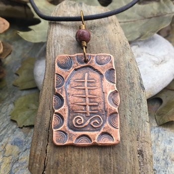 Yew Tree Ogham Charm, Copper Pendant, Connemara Marble, Hand Carved, Irish Celtic, Druid Trees, Leather & Vegan Cords, Handmade Art Jewelry