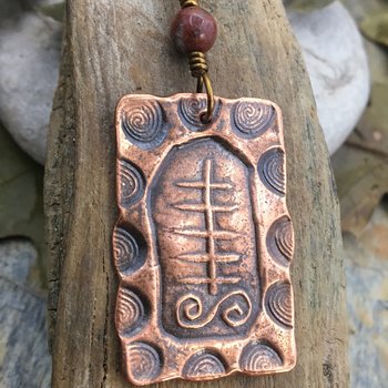 Yew Tree Ogham Charm, Copper Pendant, Connemara Marble, Hand Carved, Irish Celtic, Druid Trees, Leather & Vegan Cords, Handmade Art Jewelry