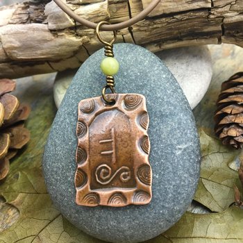 Oak Tree Ogham Charm, Copper Pendant, Connemara Marble, Celtic Tree Astrology, Irish Celtic Spirals, Hand Carved Art, June 10 to July 7