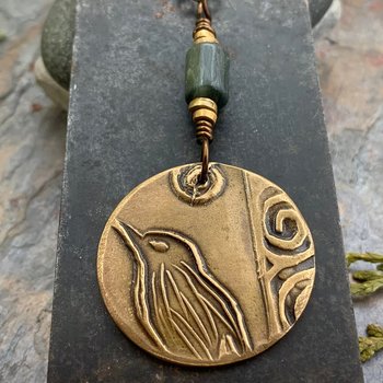 Bronze Raven Charm, Irish Celtic Spirals, Connemara Marble, Hand Carved, Full Moon, Crow Bird Necklace, Pagan Wicca, Celtic Witch Goddess