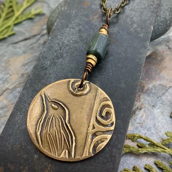 Bronze Raven Charm, Irish Celtic Spirals, Connemara Marble, Hand Carved, Full Moon, Crow Bird Necklace, Pagan Wicca, Celtic Witch Goddess