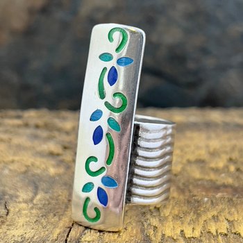 Silver Enamel Ring, Flowering Vine Shield Ring, Fine Silver 999, Statement Ring, Colorful Glass, Wave Wide Band, Hand Crafted Art Jewelry