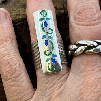 Silver Enamel Ring, Flowering Vine Shield Ring, Fine Silver 999, Statement Ring, Colorful Glass, Wave Wide Band, Hand Crafted Art Jewelry