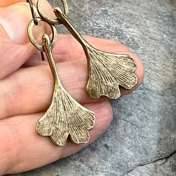 Ginkgo Leaf Earrings, Bronze Dangle Leaves, Hope Peace, Botanical Jewelry, Earthy Rustic, Sacred Trees, Hypoallergenic Niobium Ear Wires