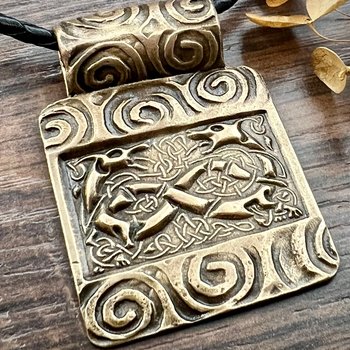 Celtic Hounds, Bronze Pendant, Irish Celtic Jewelry, Celtic Knots Spirals, Earthy Rustic Jewelry, Leather Vegan Cords, Celtic Pagan Witch