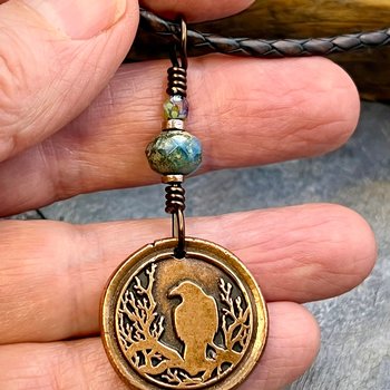 Raven Tree Pendant, Copper Crow Charm, Blackbirds Corvids, Celtic Witch Necklace, Czech Glass Beads, Wax Seal Charm, Spirals, Earthy Rustic