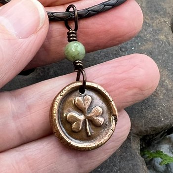 Shamrock Clover Charm, Copper Wax Seal Charm, Connemara Marble, Irish Celtic Jewelry, Leather & Vegan Cords, Handmade, Soul Harbor Jewelry