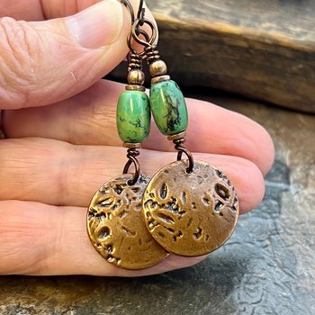 Copper Disc Earrings, Turquoise Beads, Hypoallergenic Ear Wires, Earthy Tribal, Boho Chic Style, Dangle Discs, Handmade Metal Jewelry