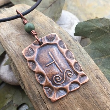 Hawthorn Tree Ogham Charm, Copper Pendant, Connemara Marble, Celtic Tree Astrology, Hand Carved Art, Irish Gaelic Spirals, May 13 – June 9