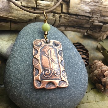 Vine Ogham Charm, Copper Pendant, Connemara Marble, Celtic Tree Astrology, Irish Celtic Spirals, Hand Carved, September 2 to September 29