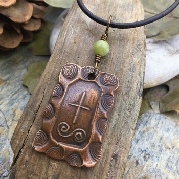 Fir Tree Ogham, Copper Pendant, Connemara Marble, Celtic Tree Astrology, Irish Celtic Jewelry, Hand Carved, Druid Sacred Trees, Handmade Art