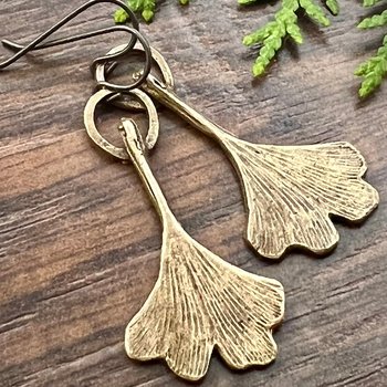 Ginkgo Leaf Earrings, Bronze Dangle Leaves, Hope Peace, Botanical Jewelry, Earthy Rustic, Sacred Trees, Hypoallergenic Niobium Ear Wires