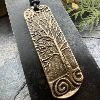 Tree of Life Bronze Pendant, Irish Celtic Jewelry, Long Tree Necklace, Celtic Spirals, Sliding Knot Leather Cord, Hand Carved Designs