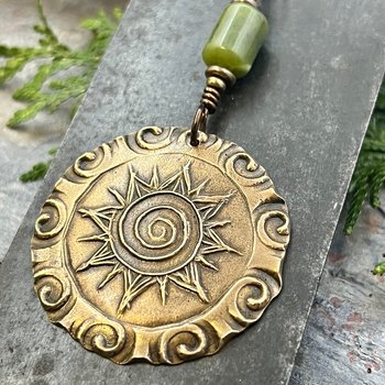 Celtic Sun Spiral Necklace, Bronze Sun Pendant, Connemara Marble, Irish Celtic Jewelry, Pagan Sun Necklace, Round Sun Charm, Long Chain, Art