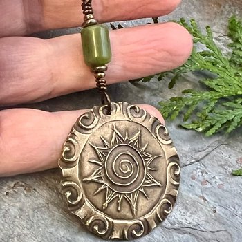 Celtic Sun Spiral Necklace, Bronze Sun Pendant, Connemara Marble, Irish Celtic Jewelry, Pagan Sun Necklace, Round Sun Charm, Long Chain, Art