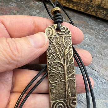 Tree of Life Bronze Pendant, Irish Celtic Jewelry, Long Tree Necklace, Celtic Spirals, Sliding Knot Leather Cord, Hand Carved Designs