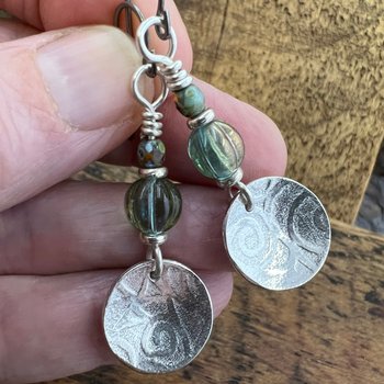 Sterling Silver Disc Earrings, Brushed Silver, Spirals, Blue Czech Glass, Niobium Ear Wires, Hypoallergenic, Concave Disc Earrings, Handmade