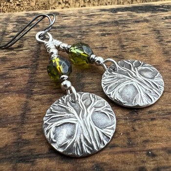 Tree of Life, Sterling Silver Earrings, Tree Branches, Czech Glass, Niobium Ear Wires, Hypoallergenic, Round Disc, Green Tree Witch, Druid