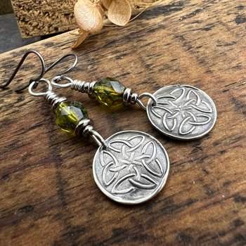 Trinity Knot, Sterling Silver Earrings, Irish Celtic, Czech Glass, Niobium Ear Wires, Hypoallergenic, Round Disc, Green Tree Witch, Druid