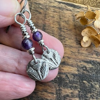 Scottish Thistle Earrings, Outlander Jewelry, Sterling Silver, Highlander Jewelry, Silver and Amethyst, Thistle of Scotland, Wax Seal Charm