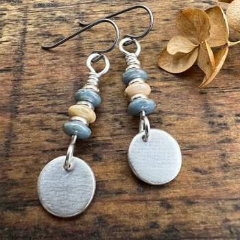Sterling Silver Disc Earrings, Brushed Silver, Blue Czech Glass, Niobium Ear Wires, Hypoallergenic, Stacked Bead Earrings, Everyday Jewelry
