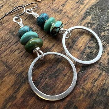 Sterling Silver & Turquoise, Hoop Earrings, Light Everyday Earrings, Hypoallergenic, Niobium Ear Wires, Earthy Rustic Jewelry