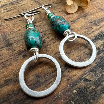 Sterling Silver & Turquoise, Hoop Earrings, Light Everyday Earrings, Hypoallergenic, Niobium Ear Wires, Earthy Rustic Jewelry