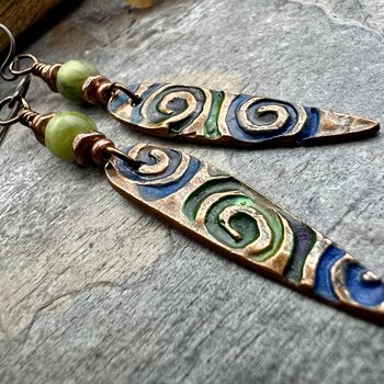 Copper Spirals Earrings, Copper Patina, Irish Celtic Jewelry, Colorful Copper, Connemara Marble, Celtic Witch Goddess, Handmade Art Jewelry