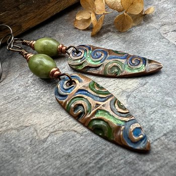 Copper Spirals Earrings, Copper Patina, Irish Celtic Jewelry, Colorful Copper, Connemara Marble, Celtic Witch Goddess, Handmade Art Jewelry