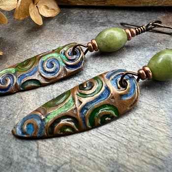 Copper Spirals Earrings, Copper Patina, Irish Celtic Jewelry, Colorful Copper, Connemara Marble, Celtic Witch Goddess, Handmade Art Jewelry