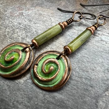 Copper Spirals Earrings, Copper Patina, Irish Celtic Jewelry, Colorful Copper, Connemara Marble, Celtic Witch Goddess, Handmade Art Jewelry
