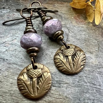 Scottish Thistle Earrings, Outlander Jewelry, Bronze Anniversary, Gifts for Her, Scotland Gifts, Czech Glass Beads, Wax Seal Jewelry