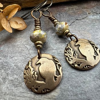Raven Bronze Earrings, Irish Celtic Jewelry, Odin's Ravens, Pagan Wiccan, Celtic Witch Goddess, Crow Corvid, Hypoallergenic Ear Wires
